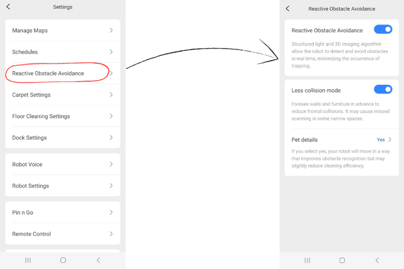 Adjusting obstacle detection settings on the Roborock app